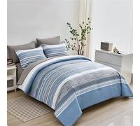 KAKIJUMN Juego de edredón a Rayas de 7 Piezas, tamaño Queen, Juego de edredón y sábanas a Rayas de Retazos Blanco, Gris y Azul, Juego de Ropa de Cama Completo de Microfibra Suave para Todas Las