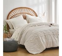 KAKIJUMN Juego de edredón Blanco tamaño King, 7 Piezas en una Bolsa, Juego de edredón y sábanas Estilo Bohemio Desgastado, Juego de Cama con Textura de Pompones, Juego de Ropa de Cama Completo de