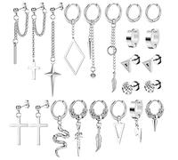Kakonia 22 piezas pendientes colgantes para hombre de acero inoxidable con bisagras Huggie pendientes de aro punk cadena larga Stud serpiente pluma espada cruz colgante Kpop pendientes
