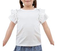 KAKU NANU Camiseta para niña de color liso, 3-10 años, algodón con volantes en la parte superior de verano, para niña, color blanco, rosa, azul, amarillo, morado, regalo, Color blanco., 9-10 Años