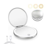Kakuje Espejo compacto con luz, espejo de bolsillo LED de aumento 1X/3X con cable de datos USB, mini espejo plateado para bolso, bolsillo, viaje y regalo