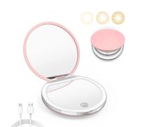 Kakuje Espejo compacto con luz, espejo de bolsillo LED de aumento 1X/3X con cable de datos USB, mini espejo rosa para bolso, bolsillo, viajes y regalo
