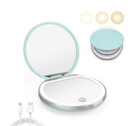 Kakuje Espejo compacto con luz, espejo de bolsillo LED de aumento 1X/3X con cable de datos USB, mini espejo verde menta para bolso, bolsillo, viaje y regalo