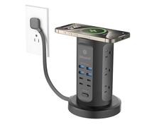 kakyanill - Torre de regleta de alimentación, torre protectora contra sobretensiones, 9 salidas de CA, 8 USB (4 USB C), cable de extensión retráctil de 6 pies, estación de carga para oficina