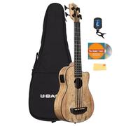 Kala UBASS-SP-MAPL-FS - Paquete de bajo acústico eléctrico de arce espaltado con funda de concierto, afinador, DVD instructivo Austin Bazaar y paño de pulido