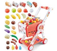 KalaDuck Carrito Compra Supermercado, 31PCS Carro Compra Juguete Infantil con Accesorios de Comida Frutas Verduras, Juego de rol Cesta Compra Juguetes de Tienda para Niños Niñas (Rojo)