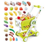KalaDuck Carro Compra Juguete Infantil, 31PCS Carrito Compra Supermercado con Accesorios de Comida Frutas Verduras, Juego de rol Cesta Compra Juguetes de Tienda para Niños Niñas (Verde)