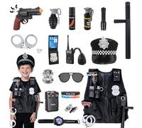 KalaDuck Disfraz Policia Niño Niña, 17Piezas Accesorios Policía Juguetes con Gorra Policia, Chaleco Swat y Esposas Juguete, Juego de Disfraz Swat Carnaval Niños 3 4 5 6 Años