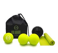 KALAHARI Bolas de Masaje KIT, 4 en 1 más Ebook ejercicios en Español - Bola Doble, con Pinchos, de Lacrosse, Banda Elástica y Bolsa - Terapia de Trigger Point y Pelotas Automasaje muscular Miofascial