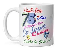 Kalféa - Taza de 75 años de cumpleaños oculta tu alegría taza humorística y divertida regalo rigolo setenta y cinco años gracioso taza humorística hombre mujer niño niña collegue amigo novia amiga