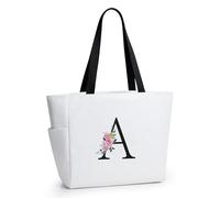 KALIDI Bolsa de mano personalizada con cremallera, monograma del alfabeto inicial de la A a la Z, regalo para mujeres, damas de honor, mamá, profesora, amiga, boda, compras diarias, Blanco-a, Large