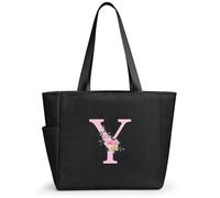 KALIDI Bolsa de mano personalizada con cremallera, monograma del alfabeto inicial de la A a la Z, regalo para mujeres, damas de honor, mamá, profesora, amiga, boda, compras diarias, Negro-Y