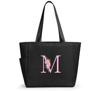 KALIDI Bolsa de mano personalizada con cremallera, monograma del alfabeto inicial de la A a la Z, regalo para mujeres, damas de honor, mamá, profesora, amiga, boda, compras diarias, Negro-m