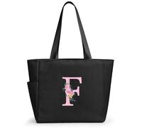 KALIDI Bolsa de mano personalizada con cremallera, monograma del alfabeto inicial de la A a la Z, regalo para mujeres, damas de honor, mamá, profesora, amiga, boda, compras diarias, Negro-f