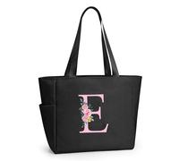 KALIDI Bolsa de mano personalizada con cremallera, monograma del alfabeto inicial de la A a la Z, regalo para mujeres, damas de honor, mamá, profesora, amiga, boda, compras diarias, Negro-e, Large