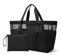 KALIDI Bolsa de playa de malla XXL familiar, bolsa de playa con cremallera para mujer, bolsa de baño grande, bolsa de playa, bolsas de la compra para viajes, compras y uso diario, Negro-XXL, xx-large