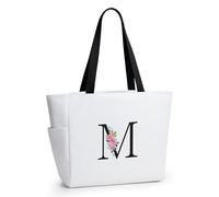 KALIDI Bolsa de playa personalizada, regalo del alfabeto inicial, bolsa de comestibles con cremallera para mamá, profesora, amiga, boda, compras diarias, Beige-M, Medium