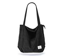 KALIDI Thicken Corduroy Totes Bolsa de mano de gran capacidad, bolsas de hombro con cordón de cremallera, para mujeres, niñas, bolsa de compras informal para el trabajo, la escuela, Black, Large
