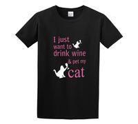 KALIKADUO I Just Want To Drink Wine and Pet My Cat Unisex 100% Cotton Short-Sleeve T-Shirts Black S