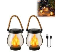 Kaliqo - Farol solar para exteriores, llamas bailando, impermeables, con cuerda de cáñamo, carga dual a través de energía solar y USB, decoración de llama parpadeante para jardín y patio (2 unidades)
