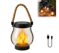 Kaliqo - Farol solar para exteriores, llamas bailando, impermeables, con cuerda de cáñamo, carga dual a través de energía solar y USB, decoración de llama parpadeante para jardín y patio (1 unidad)