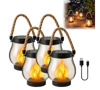 Kaliqo - Farol solar para exteriores, llamas bailando, impermeables, con cuerda de cáñamo, carga dual a través de energía solar y USB, decoración de llama parpadeante para jardín y patio (4 piezas)