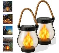 Kaliqo - Farolillos solares para exteriores, 2 unidades, con llamas bailando, 1500 mAh, IP65, resistentes al agua, para mesa de exterior, terraza, balcón, patio decorativo (2 unidades)