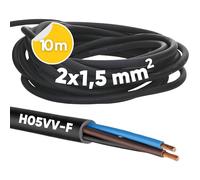 Kalitec H05VV-F - Cable de Manguera (10 m, 2 x 1,5 mm²) Sin Conductor de Protección, PVC Para Interiores, Eléctrico Negro, Lámpara Flexible, Alimentación