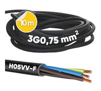 Kalitec H05VV-F - Cable de manguera (10 m, 3 x 0,75 mm², cable de alimentación 3G0,75 mm², con conductor de protección, cable de PVC para interiores, cable eléctrico negro, cable de lámpara flexible,