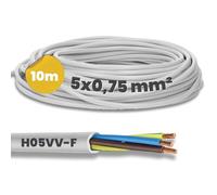 Kalitec H05VV-F - Cable de manguera (10 m, 5 x 0,75 mm², cable de alimentación 5G0,75 mm², con conductor de protección, cable de PVC para interiores, cable eléctrico blanco, cable de lámpara flexible