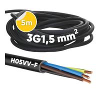 Kalitec H05VV-F - Cable de manguera (5 m, 3 x 1,5 mm², cable de alimentación 3G1,5 mm², con conductor de protección, cable de PVC para interiores, cable eléctrico negro, cable de lámpara flexible