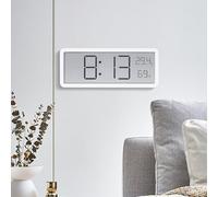 Kalokairi Reloj de pared digital LCD con pantalla de temperatura y humedad, pantalla multifuncional de hora, fecha, alimentación por batería o USB, uso en casa y oficina, color blanco