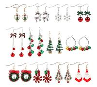 Kalolary 12 pares Pendientes Colgantes Navideños para Mujer, árbol Papá Noel Lazo Renos Copo Nieve Chapado Aleación Pendientes Navideños Pendientes Navideños con Gancho Perforado para Mujeres y Niñas