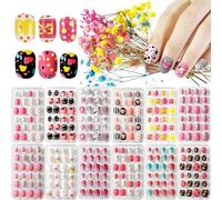 Kalolary 144 PCS uñas postizas para niños, uñas postizas de múltiples patrones para niños prensa colorida en las uñas cubierta completa kits uñas cortas adhesivas para niñas niños