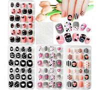 Kalolary 4 Cajas uñas postizas para niños, uñas postizas de Patrón de Dot Love para niños prensa en las uñas cubierta completa punta de uña kits con 1 pcs Adhesivo de pegamento para uñas - C