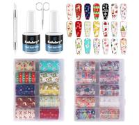 Kalolary Kit Nail Art Foil de Navidad - Láminas Foil Navideñas + Pegamento Foil + Bolígrafo de Prensado + Tijeras - Decoración de Uñas con Copos de Nieve, Papá Noel, Renos para Manicura DIY o Salón