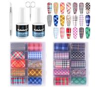 Kalolary Kit Nail Art Foil - Gel Adhesivo para Uñas, Pegamento Foil, Bolígrafo de Prensado, Tijeras - Decoración de Uñas con Efecto Láser para Manicura DIY (20P + Pegamento para láminas Plaid)