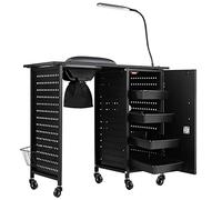 Kalolary Mesa de manicura para uñas, estación de uñas móvil con colector de polvo de uñas 4 cajones lámparas LED reposamuñecas para técnico en el hogar, spa, salón de belleza estación de trabajo negro