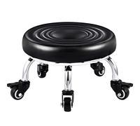 Kalolary Taburete Giratorio Ajustable con Ruedas y Asiento Redondo Base Metal Resistente Taburete Pequeño Cuero con Ruedas para Salón Masajes, Peluquería, SPA, Terapia Tatuajes (Sin Respaldo, Negro)