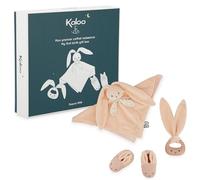 Kaloo, Lapinoo, Set de Regalo para Recién Nacido Conejo Melocotón, 3 Piezas | Desde el Nacimiento, Doudou, Mordedor de Silicona y Patucos de 0-6 Meses, Pana, Caja de Regalo, Doudou para Bebé
