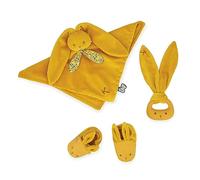 Kaloo, Lapinoo, Set de Regalo para Recién Nacido Conejo Ocre, 3 Piezas | Desde el Nacimiento, Doudou, Mordedor de Silicona y Patucos de 0-6 Meses, Pana, Caja de Regalo, Doudou para Bebé