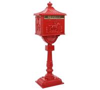 Kaloriko Buzón de pie rojo de aluminio fundido 42,5 x 29,5 x 117 cm con placa para nombre y cerradura, resistente a la intemperie, incluye compartimento para periódicos para jardín, valla, entrada y