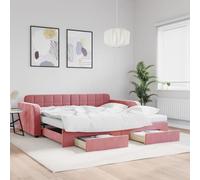 Kaloriko Cama de día extensible, terciopelo rosa, 100 x 200 cm, con 2 cajones, sofá cama para habitaciones de invitados, marco de cama resistente, incluye 2 colchones