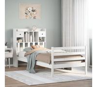 Kaloriko Cama de madera maciza con estante, color blanco, 90 x 190 cm, madera de pino, estable, duradera, ahorra espacio, cabecero de librería, muebles de dormitorio