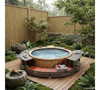 Kaloriko Ribete para bañera de hidromasaje de poliratán gris con espacio de almacenamiento integrado, marco de acero recubierto de polvo, madera dura de eucalipto tropical, apto para piscina y spa