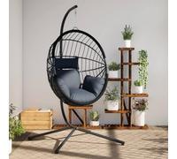 Kaloriko Silla colgante con diseño de huevo con estructura de acero y ratán en color antracita, incluye cojín extraíble, 104 x 100 x 197 cm, soporta hasta 110 kg, ideal para jardín, terraza, porche y
