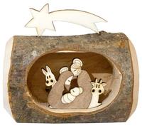 Kaltner Präsente Idea de regalo - Belén navideño de madera con Jesús, María y niño en un tronco con corteza de Tirol del Sur con iluminación