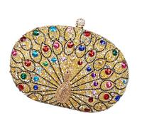 Kalttoy Bolso de noche único con diamantes de imitación con temática de pavos reales para mujer, bolso cruzado para cenas elegantes, fiestas, patrón único de pavos reales, Gold, One Size