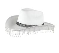 Kalttoy Sombrero de vaquero con flecos de diamantes de imitación brillantes para mujer, festival musical, vaquera, ala grande, accesorios de fiesta, sombrero unisex