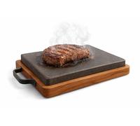Kalu creations Plancha rectangular de piedra volcánica con bandeja de madera, parrilla con soporte de madera con asas para cocinar y servir carne, 30 x 20,5 cm, negro y marrón